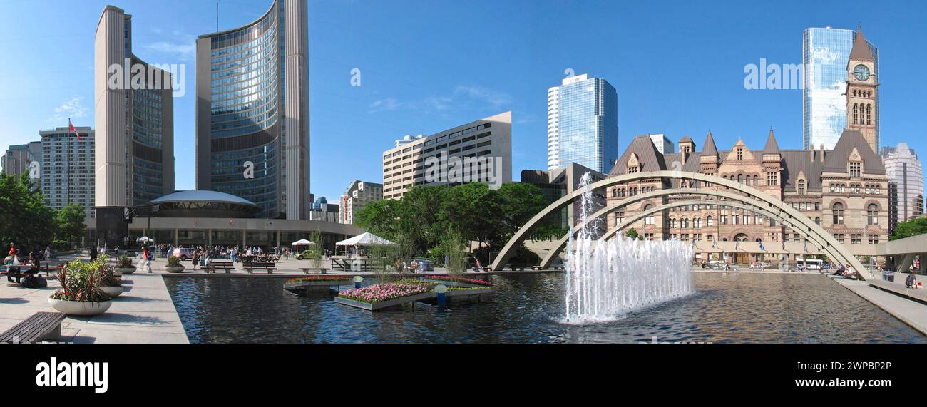 Panoramic view of Nathan Philips Square in Toronto, Canada. Stock Photo