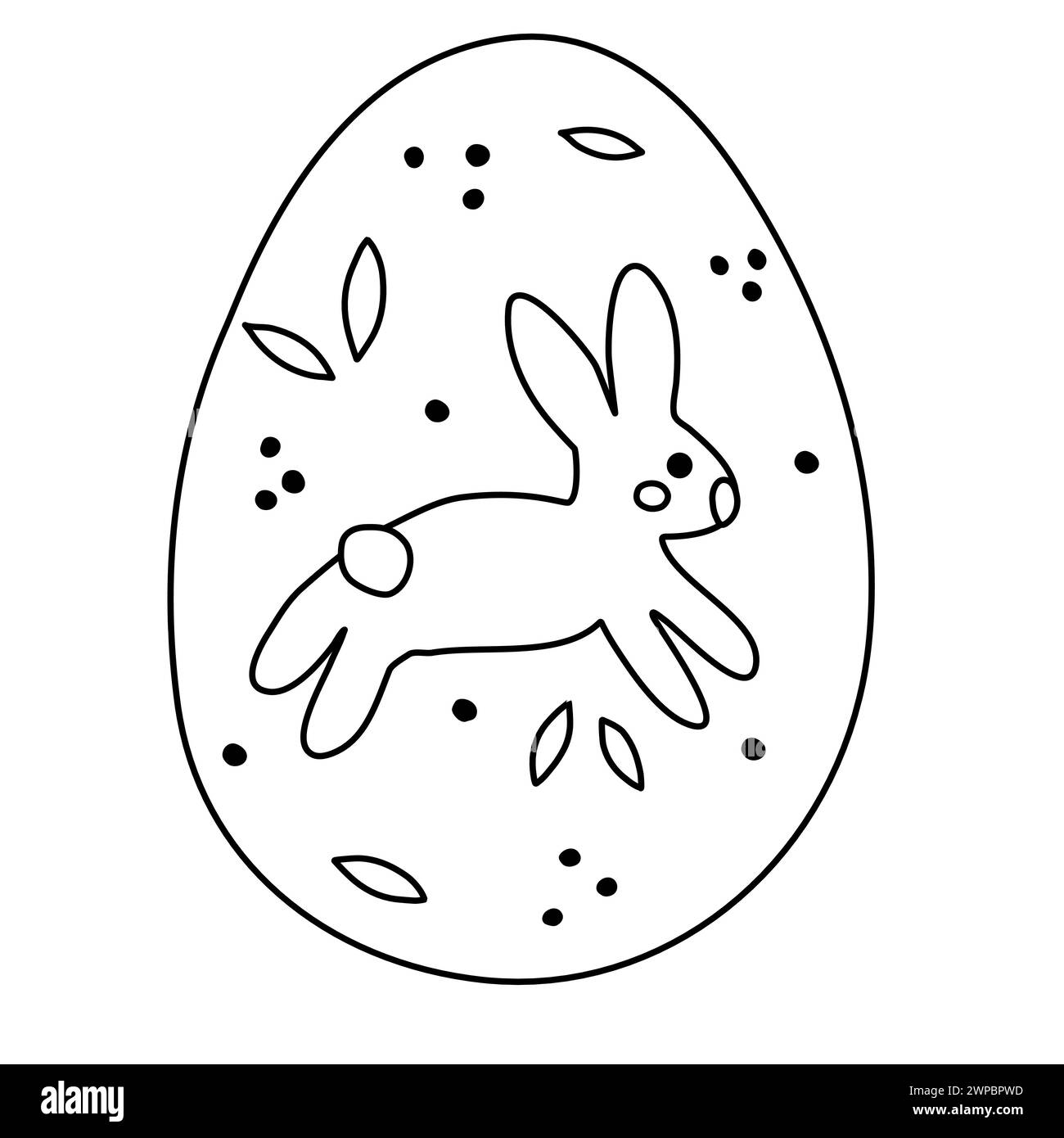 Easter hunt egg with jumping bunny, doodle style flat vector outline illustration for kids coloring book Stock Vector
