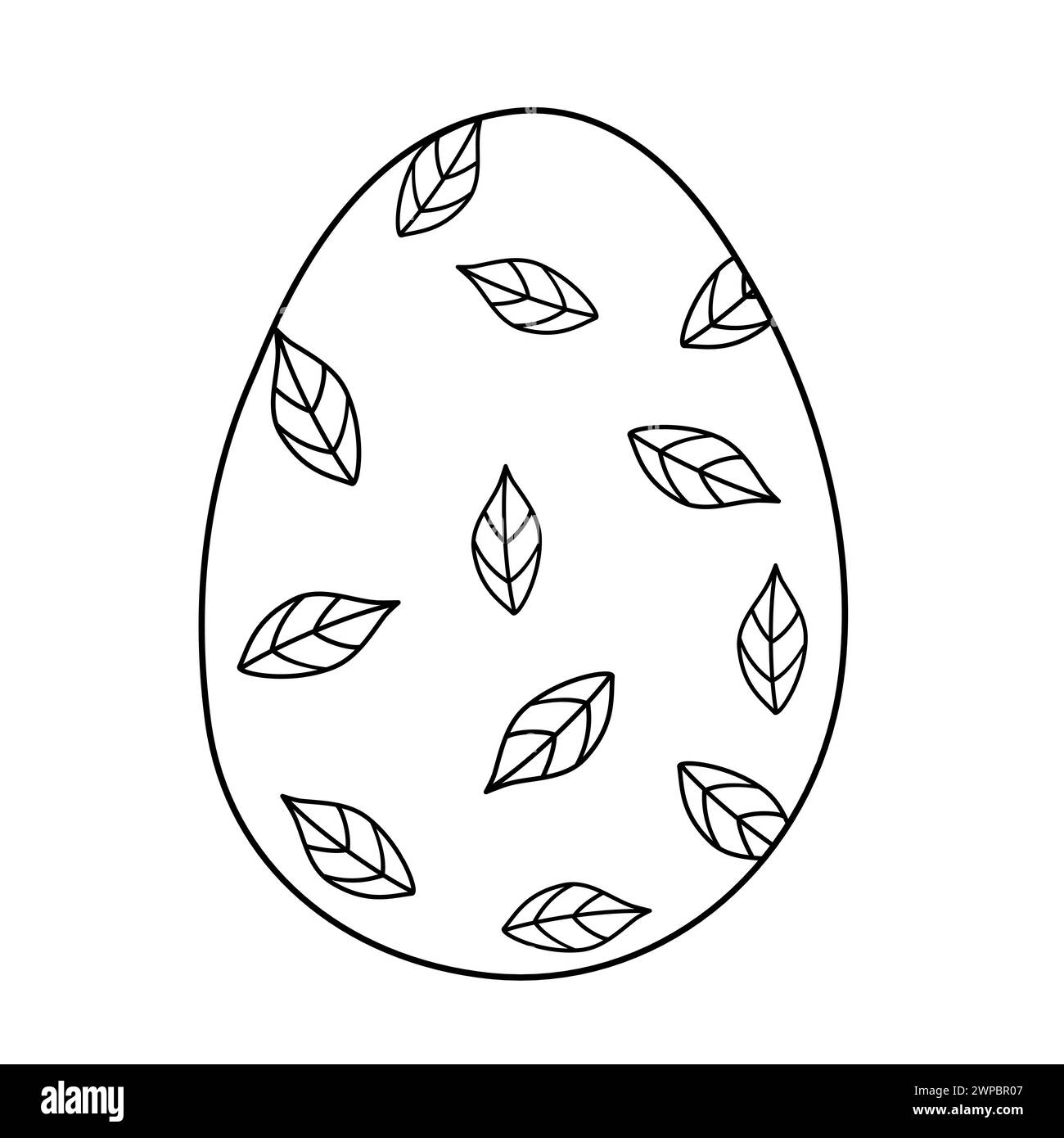 Egg with leaves pattern, doodle style flat vector outline illustration for kids coloring book Stock Vector