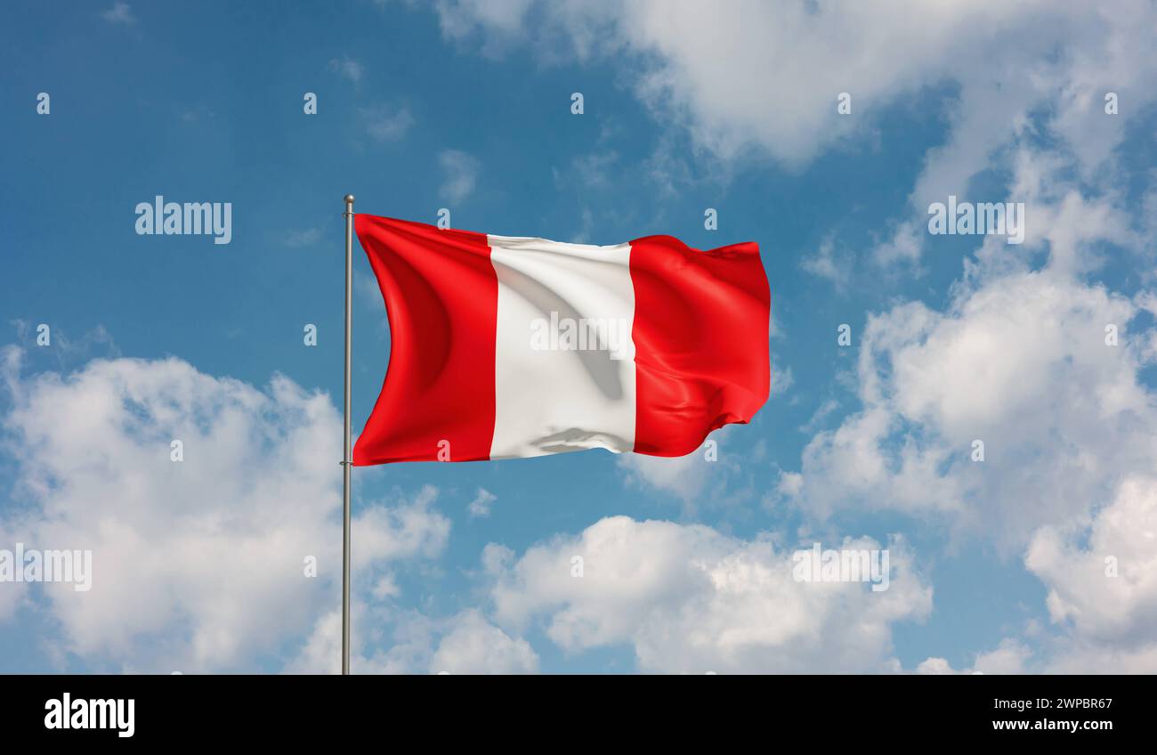 Flag Peru Flag Peru against cloudy sky. Country, nation, union, banner ...