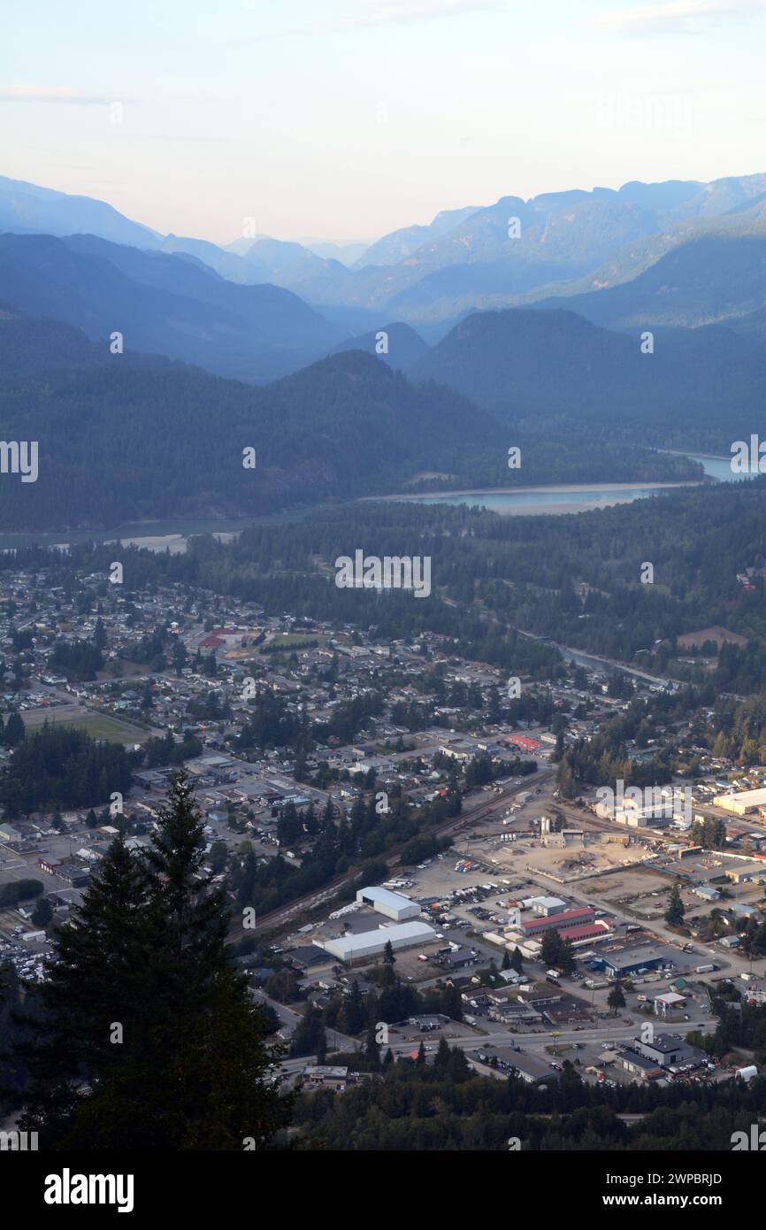 The view of the town of Hope, and the Fraser River Canyon and valley, in the Lower Mainland region of British Columbia, Canada. Stock Photo
