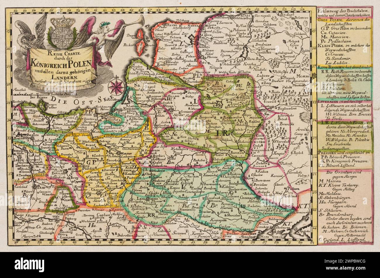 Reise Kharty Durch Das Königreich Polen Mit Allen Darz Gehörigen Laendern; Schreiber, Johann Georg (1676-1750); 1733-1763 (1733-00-00-1763-00-00);Poland, the Polish -Lithuanian Commonwealth (coat of arms), roads, heraldic cartouches, maps Stock Photo