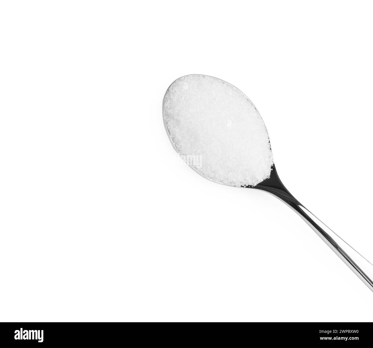 Spoon with granulated sugar isolated on white, top view Stock Photo