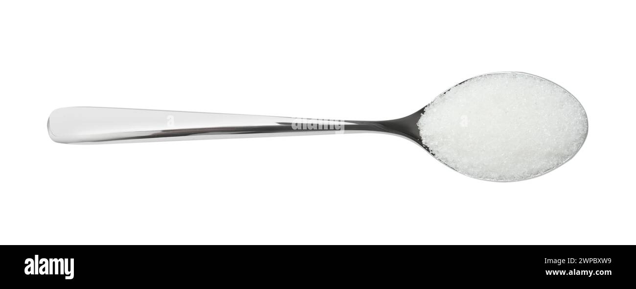 Spoon with granulated sugar isolated on white, top view Stock Photo - Alamy