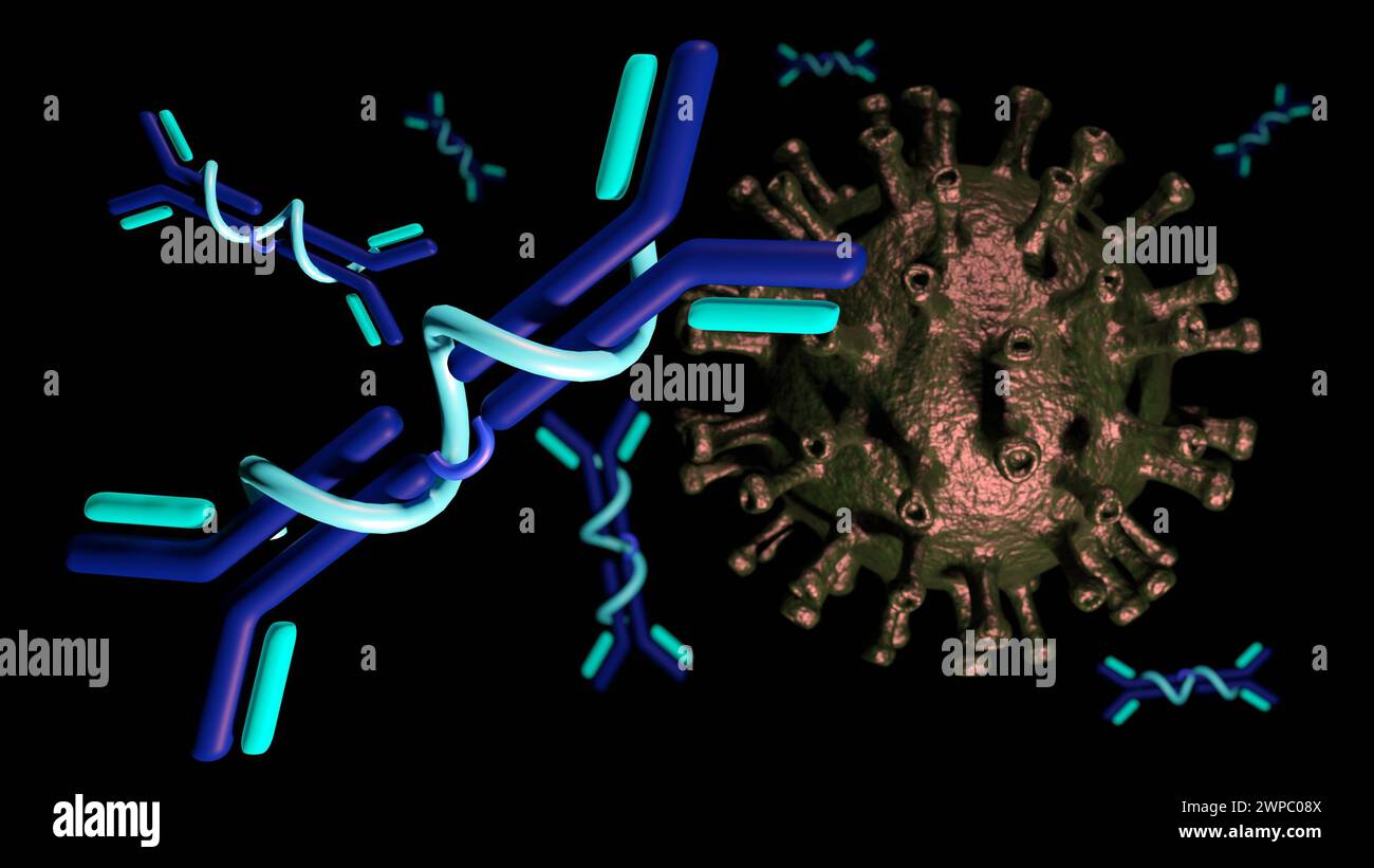 3d rendering of IgA molecules neutralize or block the activity of virus and prevent their attachment to host cells Stock Photo