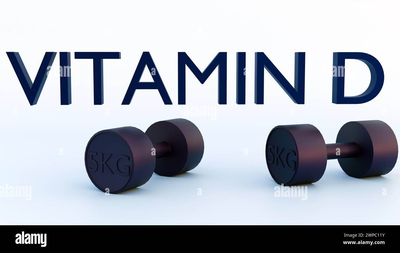 3D rendering of vitamin D and dumbbell as a symbol of vitamin D status correlates positively with muscle strength Stock Photo