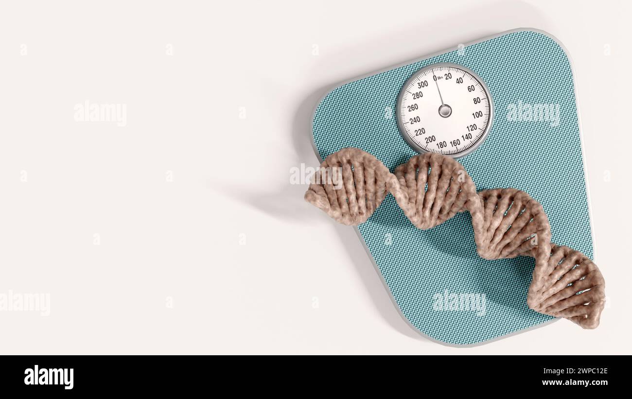 3d rendering of body weighing scale and genetic material, DNA Stock Photo