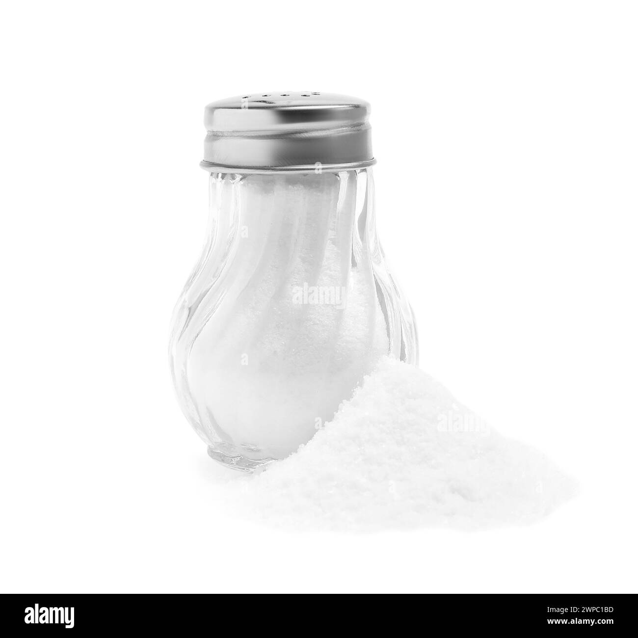 Natural salt and glass shaker isolated on white Stock Photo