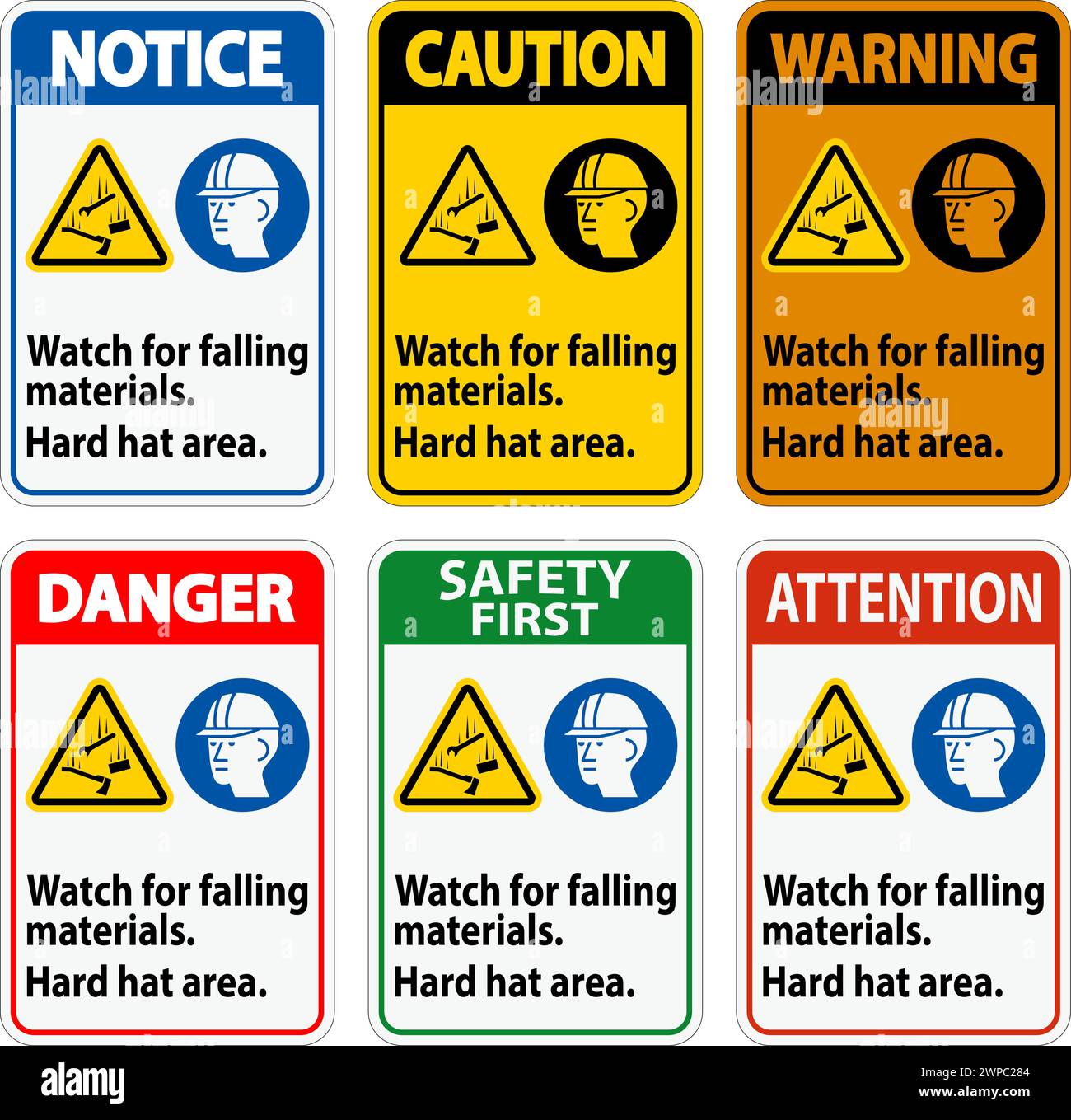 Warning Sign, Watch For Falling Materials, Hard Hat Area Stock Vector