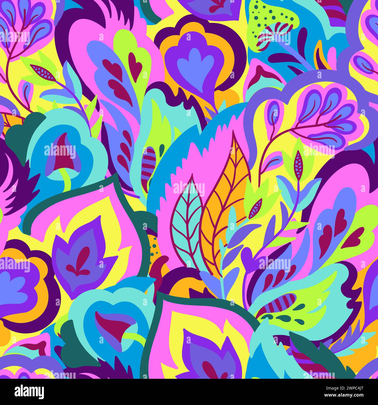 Colorful seamless pattern with chaotic floral and psychedelic abstract elements. Vector illustration. Stock Vector