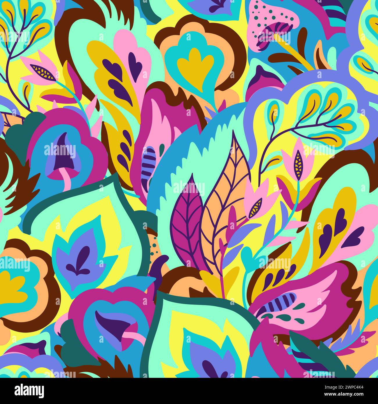 Colorful seamless pattern with chaotic floral and psychedelic abstract elements. Vector illustration. Stock Vector