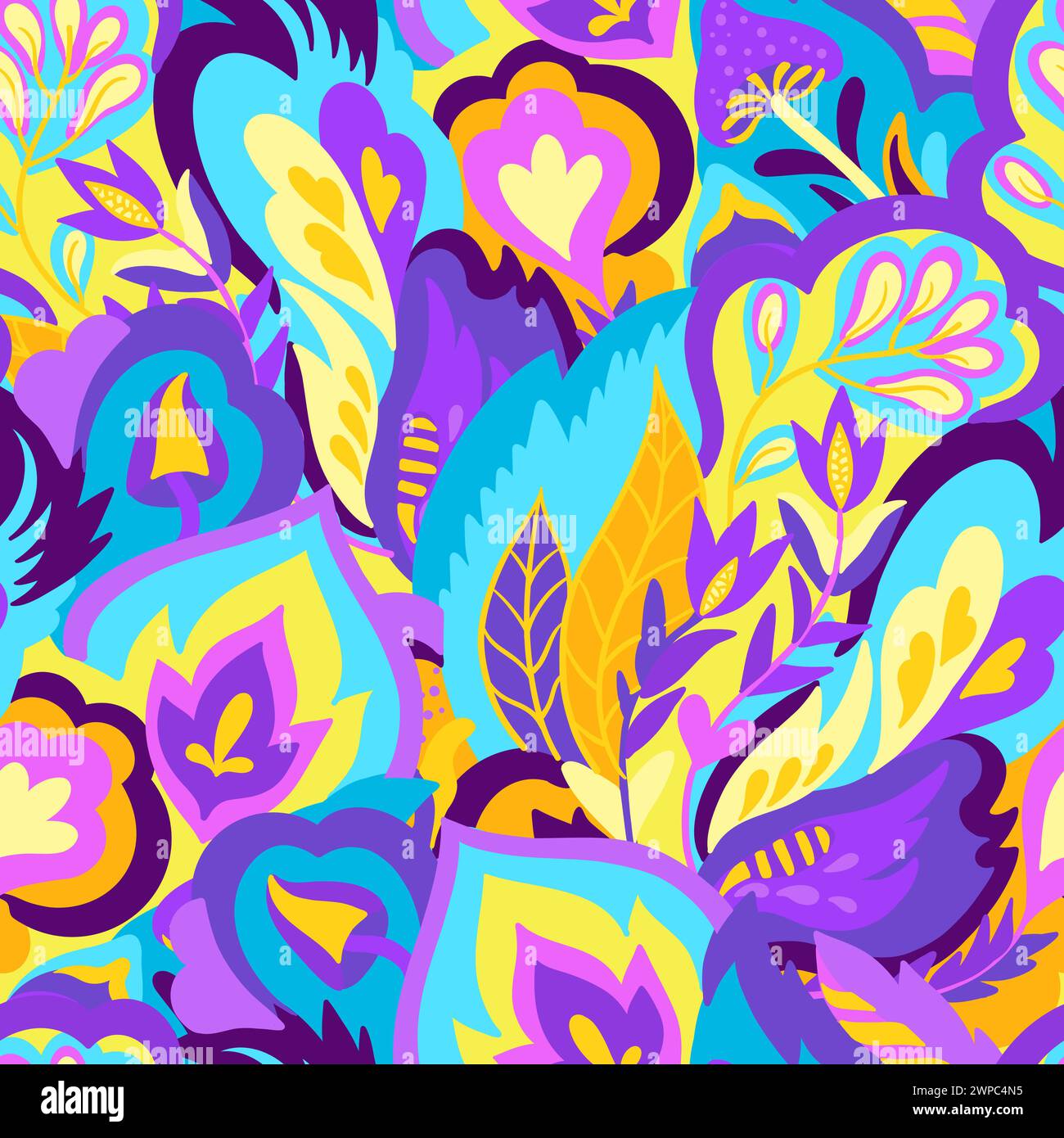 Colorful seamless pattern with chaotic floral and psychedelic abstract elements. Vector illustration. Stock Vector