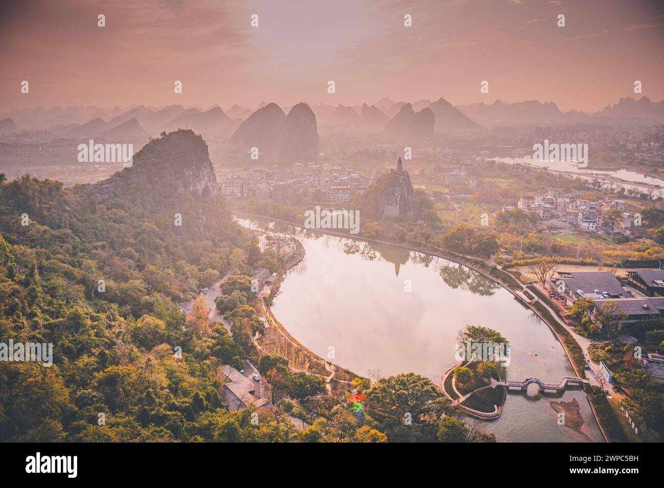 Aerial view of Lijiang River Scenic Area in Guilin, China. It is a ...