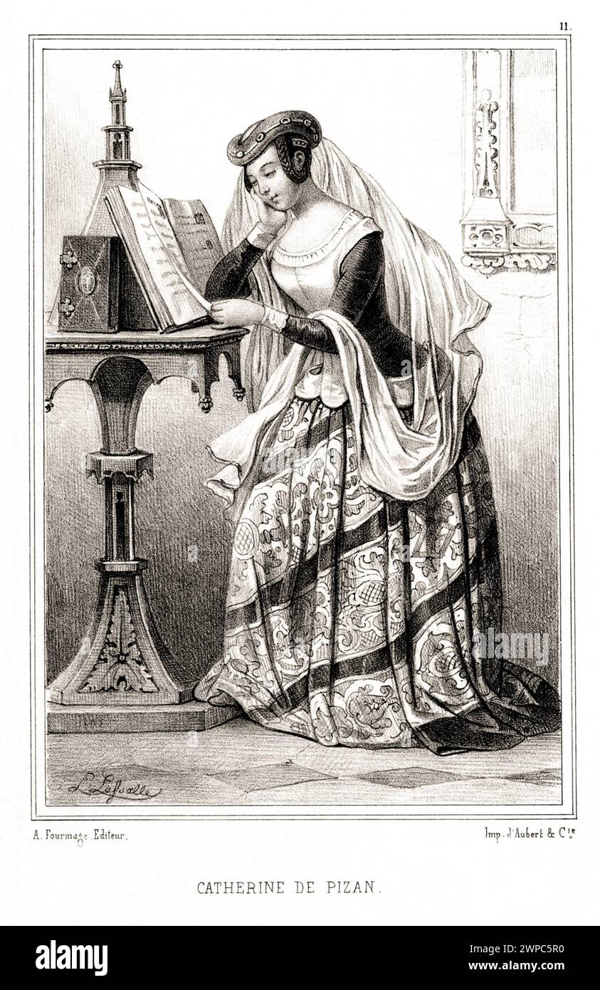 1400 ca , FRANCE: The italian-born french woman poet CRISTINA DA PIZZANO ( 1364 - 1430 ca ) aka CHRISTINE DE PIZAN or PISAN . Author at the court of King Charles VI of France . She is best remembered for defending women in The Book of the City of Ladies and The Treasure of the City of Ladies . Venetian by birth, Christine was a prominent moralist and political thinker in medieval France . Portrait engraved by Louis Lassalle , pubblished in  1850 c. by d'Aubert & c., Paris  . - FOTO STORICHE - HISTORY - LETTERATURA - LITERATURE - scrittore - ritratto - portrait - POETESSA - POETA - POESIA - POE Stock Photo