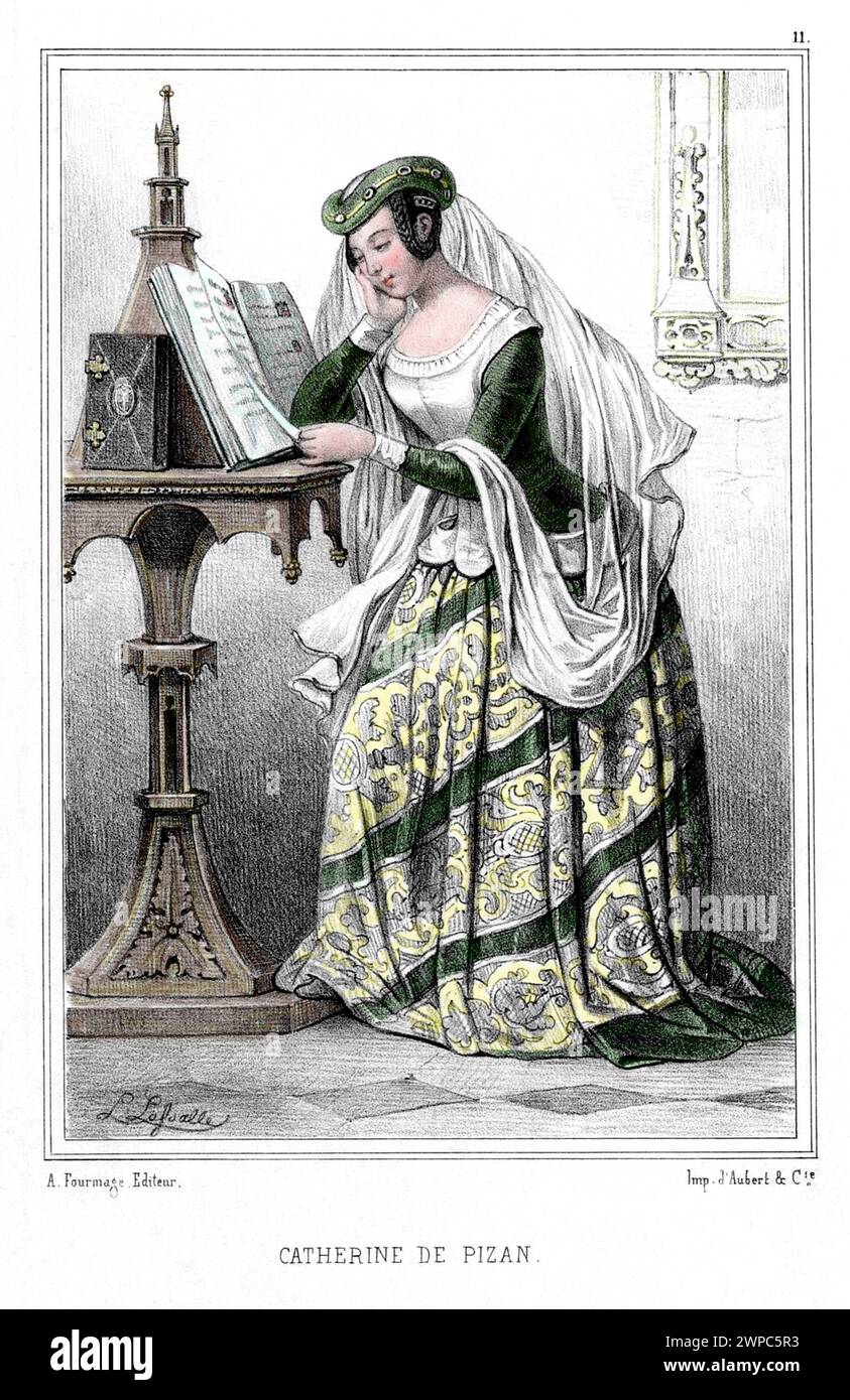 1400 ca , FRANCE: The italian-born french woman poet CRISTINA DA PIZZANO ( 1364 - 1430 ca ) aka CHRISTINE DE PIZAN or PISAN . Author at the court of King Charles VI of France . She is best remembered for defending women in The Book of the City of Ladies and The Treasure of the City of Ladies . Venetian by birth, Christine was a prominent moralist and political thinker in medieval France . Portrait engraved by Louis Lassalle , pubblished in  1850 c. by d'Aubert & c., Paris  . DIGITALLY COLORIZED .- FOTO STORICHE - HISTORY - LETTERATURA - LITERATURE - scrittore - ritratto - portrait - POETESSA - Stock Photo