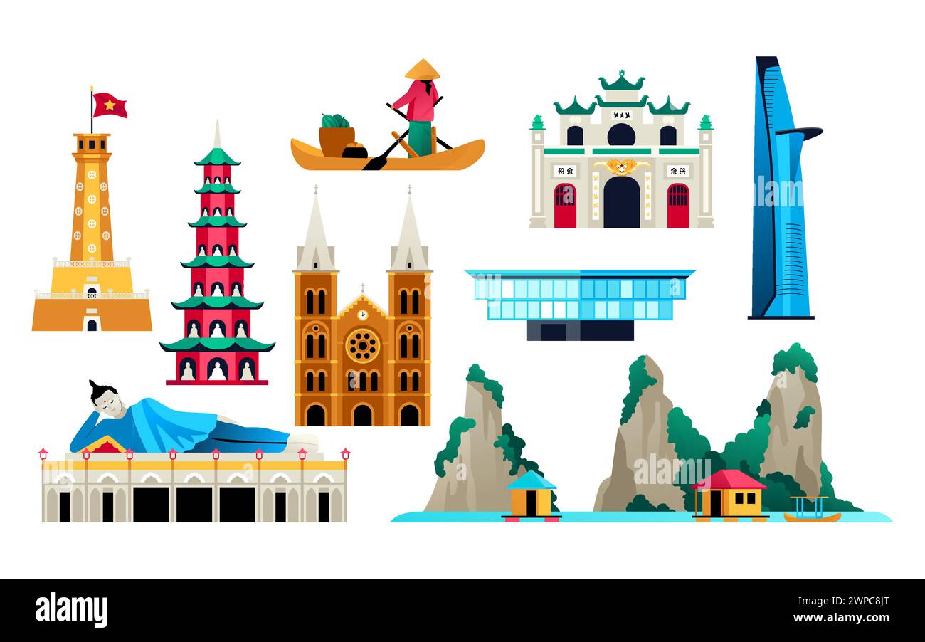 Sights of Vietnam - flat design style objects set. High quality colorful images of Flag tower in Hanoi, Bitexco tower, Thien Mu and Som Rong Pagoda, N Stock Vector