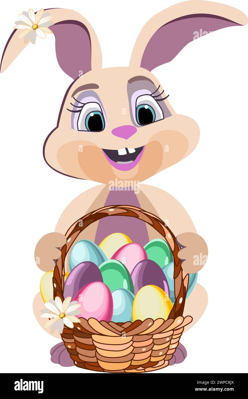 Easter bunny with a basket of Easter eggs in flat technique vector ...