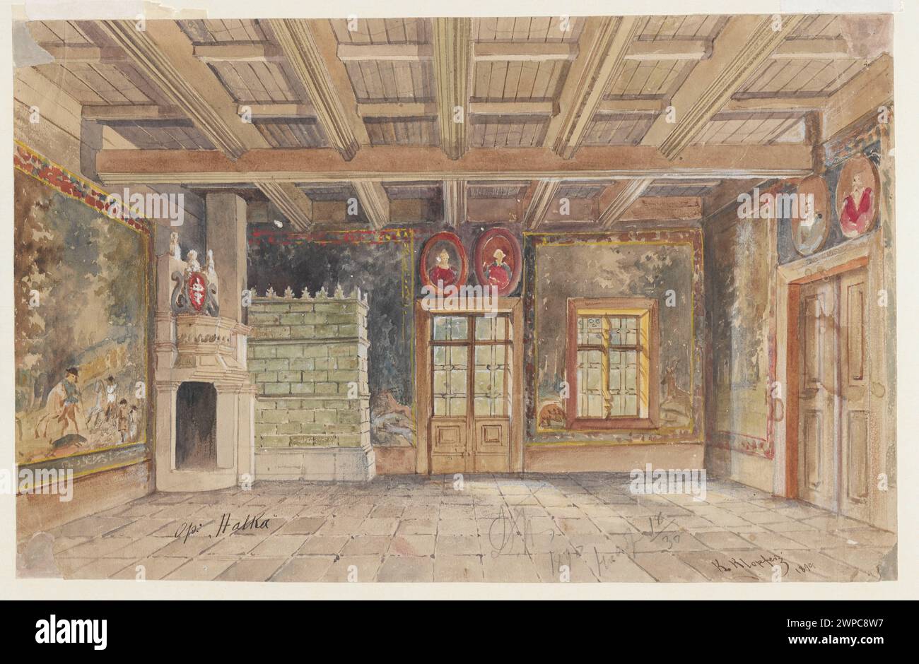Decoration for the 'Halka' opera - great chamber; Verso: Schematic projection of the stage with marked inputs; Klopfer, Karol (1859-1937); 1890 (1890-00-00-1890-00-00);Klopfer, Karol (1859-1939)-collection, Moniuszko, Stanisław (1819-1872), Moniuszko, Stanisław (1819-1872). Halka, Grand Theater (Warsaw), Dar (provenance), theater decorations, fireplaces, images in compositions, operas, stoves, living rooms (interiors), set design, ceilings (architect.), Tapiseries, theater, theater, theater, interior, interior of the courts Stock Photo