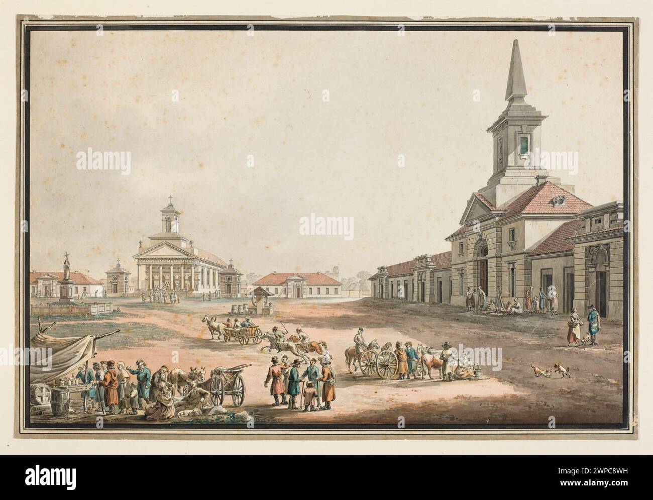 Market with the town hall and the church in Kock; Vogel, Zygmunt (1764-1826); 1796 (1796-00-00-1797-00-00);Jabłonowski (family) - residences, Kock (Lubelskie Voivodeship), Stanisława - collection, Szeptycka, Szymon Bogumił (1733-1807) - architecture, Zug, architecture, urban trade, classicism (style), churches (architect), cities, Saves (architect), Rynek (Urban planning), genre scenes, street scene, views of the village, purchase (provenance) Stock Photo