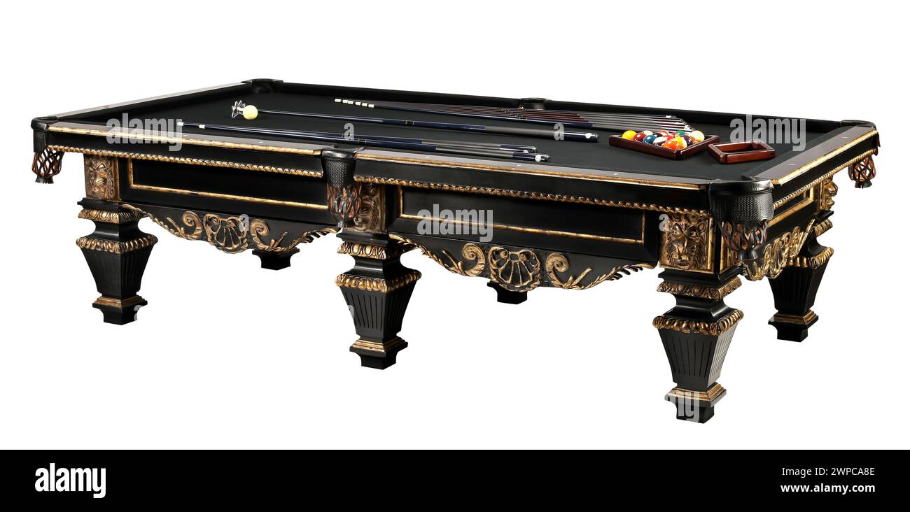 Billiard table black antique vintage black pool table with clipping path. Stock Photo