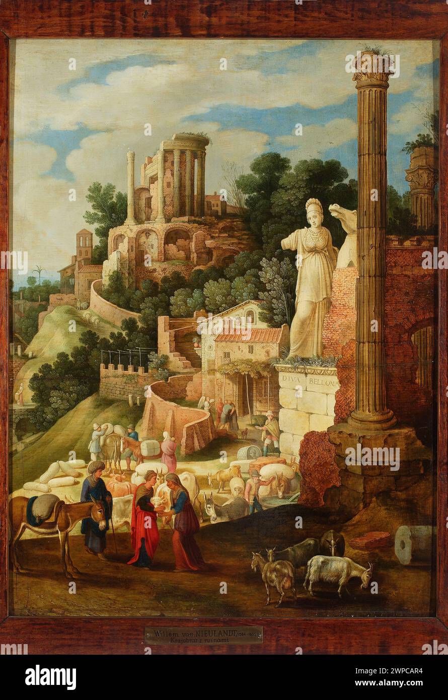 Landscape with anti -ruins, Belona and the scenes Tobias's return; Nieulandt, Guilliam Van II (1584-1635); 1614 (1614-00-00-1614-00-00);Bellona (Mitol.), Tobias (Bible), cattle, columns (architect), Flemish painting, landscapes, antique ruins, biblical scenes, purchase (provenance), Westy Temple Stock Photo
