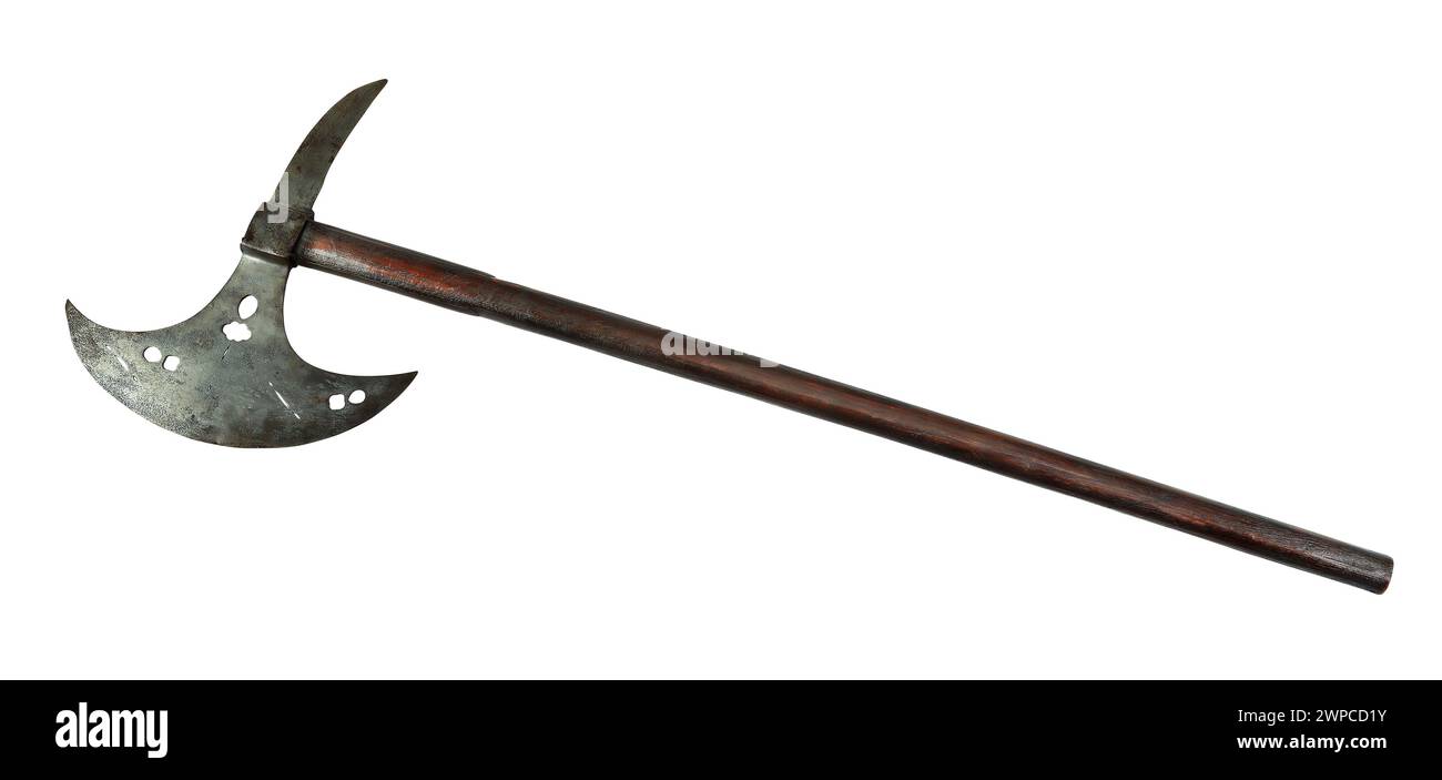 Axe metal medieval wood handle with clipping path. Stock Photo