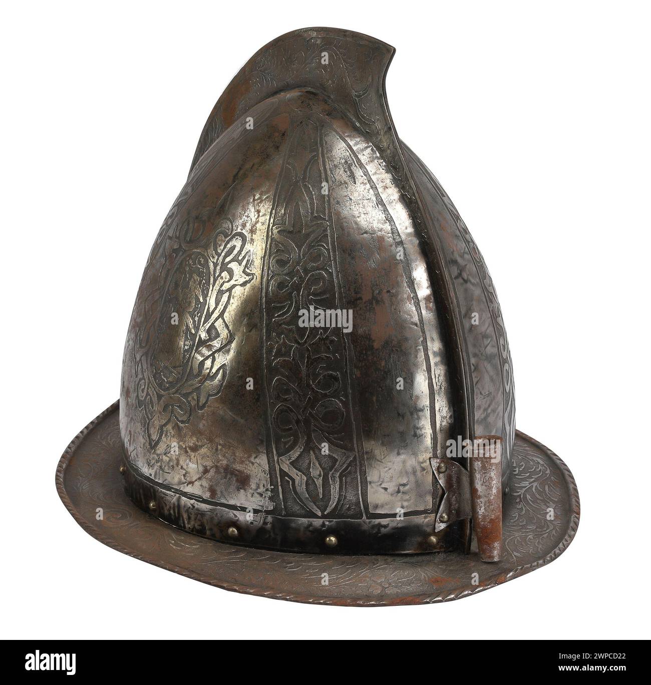 Medieval helmet pewter carved design with clipping path. Stock Photo
