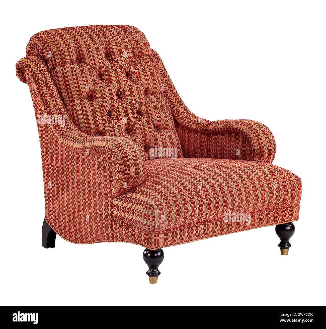 Upholstered arm chair red and gold stripes with clipping path. Stock Photo
