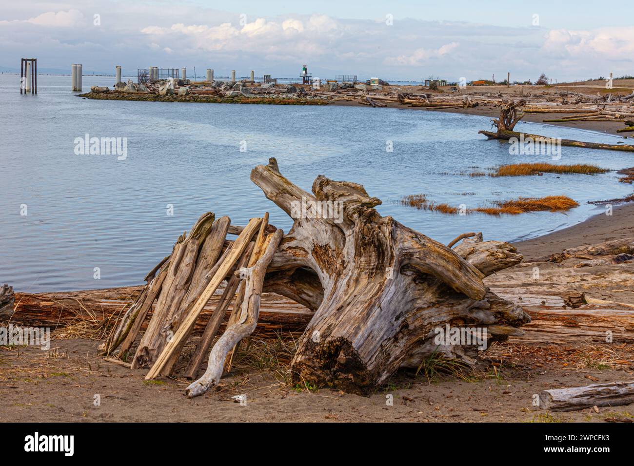 Children's play structure made from driftwood on a beach in Steveston British Columbia Canada Stock Photo
