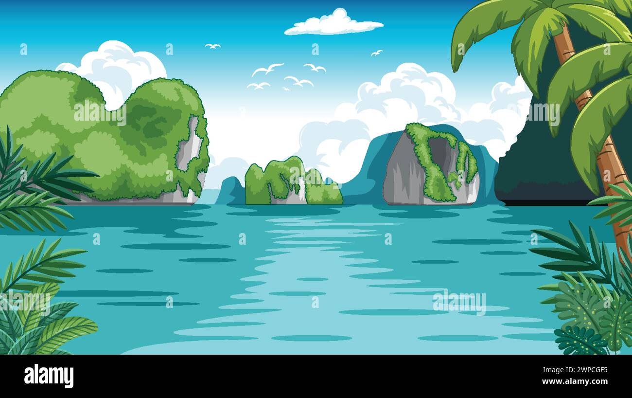 Vector illustration of a serene tropical island scene Stock Vector
