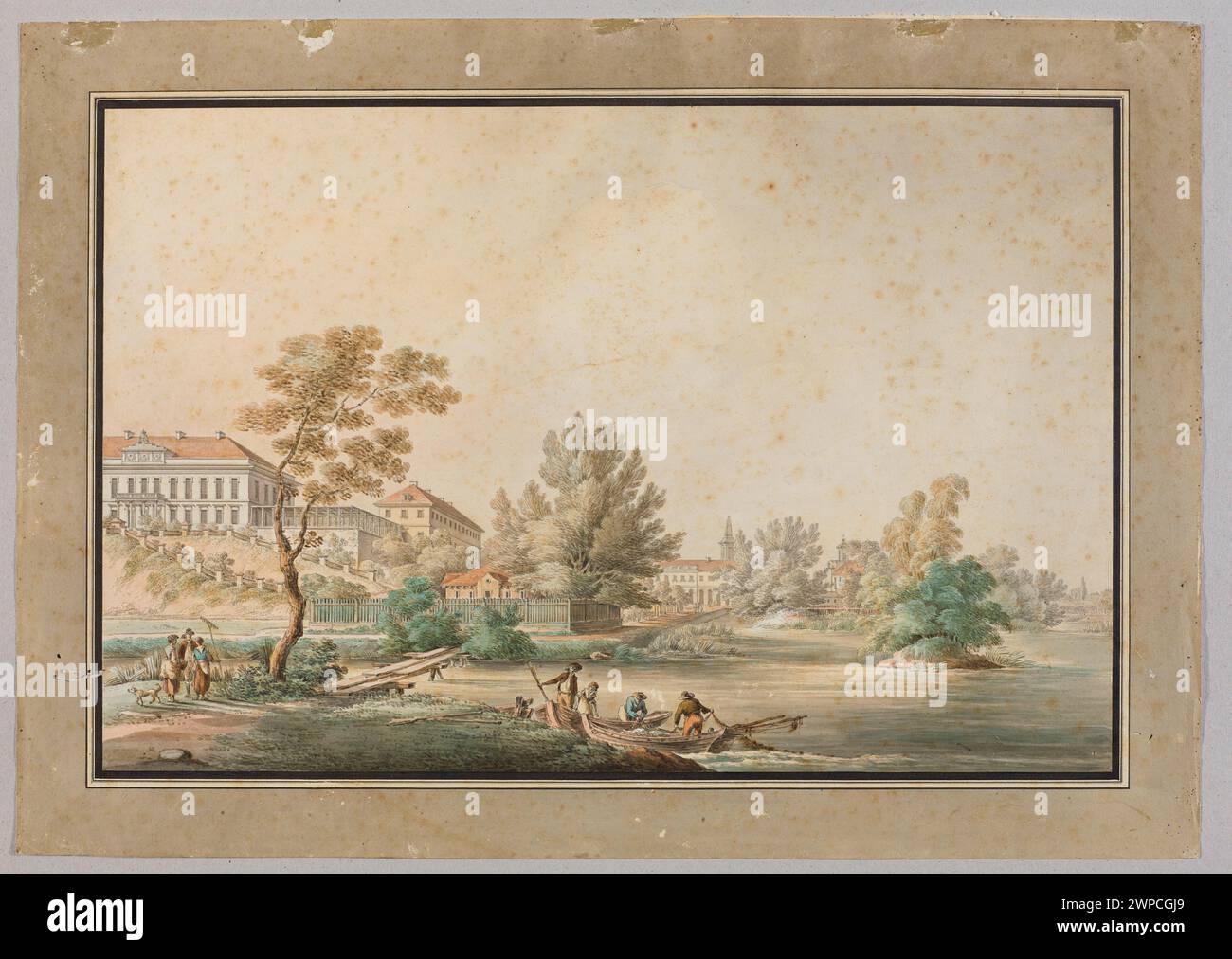View of the palace and park in Kock from the river side; Vogel, Zygmunt (1764-1826); around 1796 (1794-00-00-1798-00-00);Jabłonowski (family) - residences, Kock (Lubelskie Voivodeship), Stanisława - collection, Szeptycka, Szymon Bogumił (1733-1807) - architecture, Zug, architecture, classicism (style), towns, parks (gardens), palaces (architect. ), landscapes, fishermen, rivers, purchase (provenance), boats Stock Photo