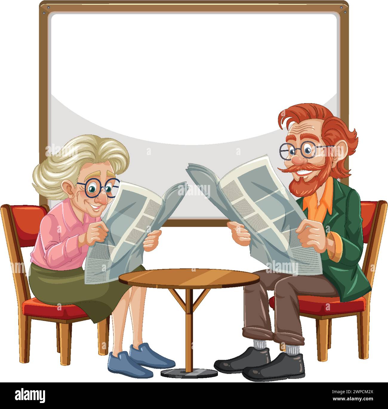 Senior man and woman reading papers by a table Stock Vector