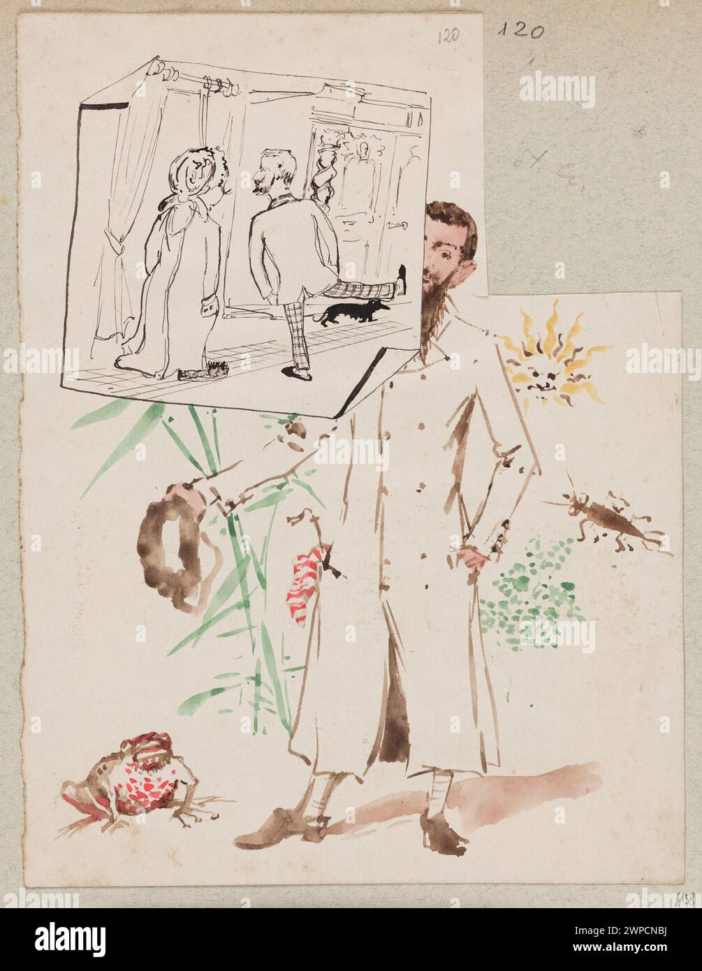 A man in the meadow, a generic scene in the interior; Czachórski, Stanisław (1853-1904); before 1904 (1873-00-00-1904-00-00);Sun, beards (beard), hats (headgear), women, standing man, insects, portraits, men's portraits, dogs, genre scenes, interiors, purchase (provenance), animals, meadows, frogs Stock Photo