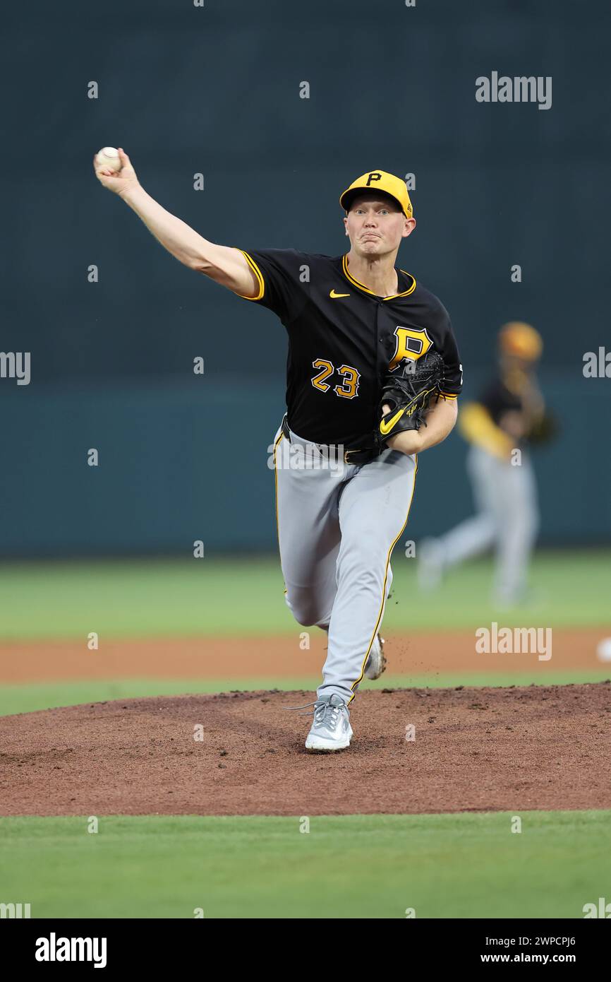 Sarasota FL USA; Pittsburgh Pirates starting pitcher Mitch Keller (23) delivered a pitch during an MLB spring training game against the Baltimore Orio Stock Photo