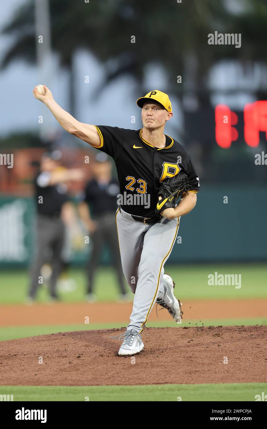 Sarasota FL USA; Pittsburgh Pirates starting pitcher Mitch Keller (23) delivered a pitch during an MLB spring training game against the Baltimore Orio Stock Photo