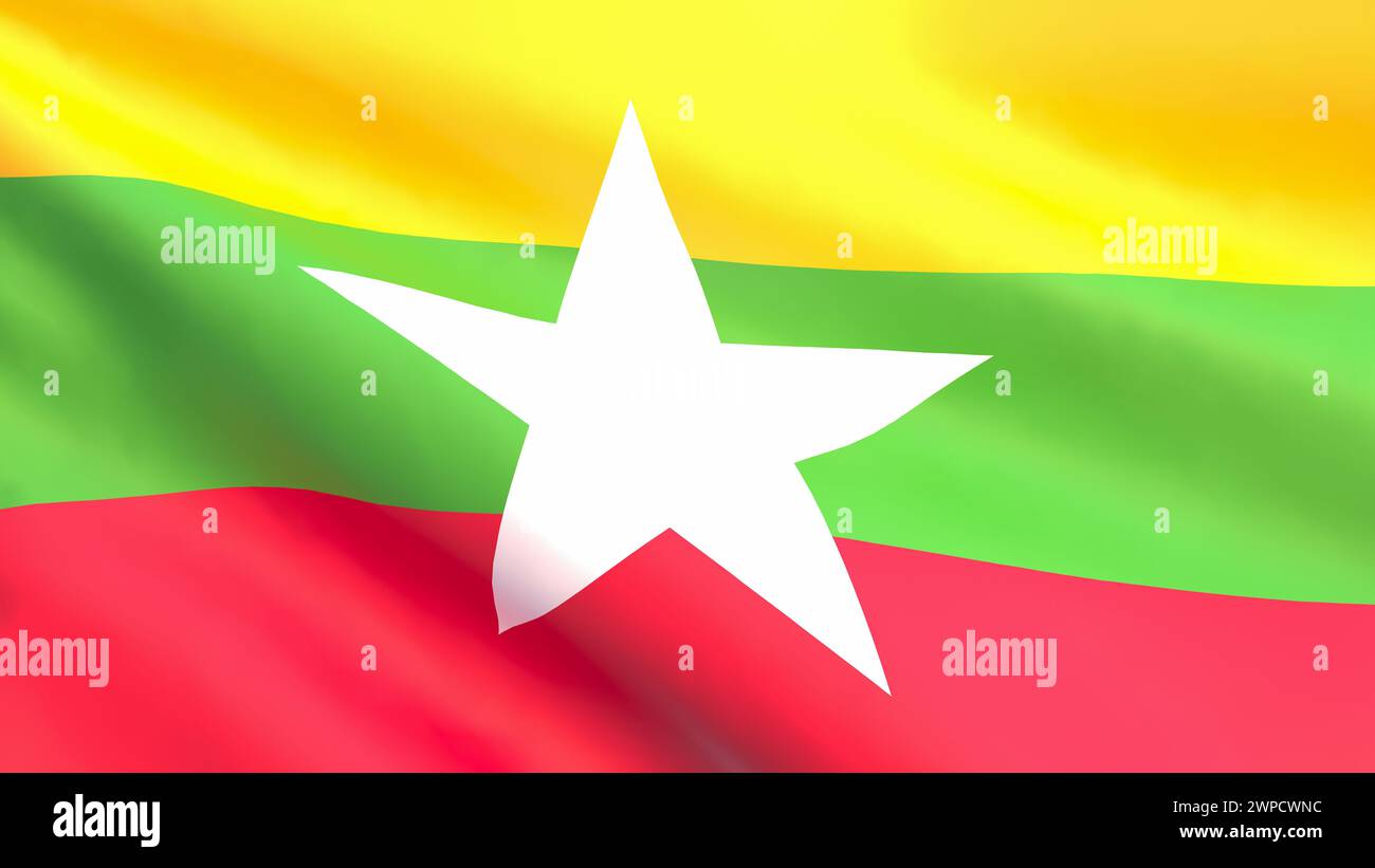 3D render - the national flag of Myanmar fluttering in the wind Stock ...