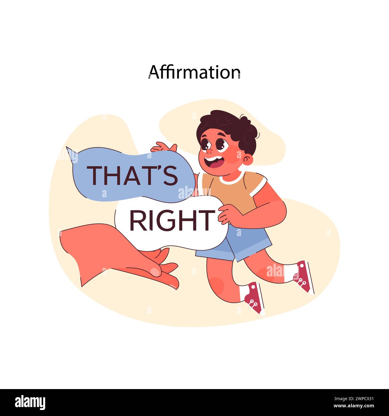 Affirmation concept. Delighted boy holding supportive speech bubble, given by hand of grownup. Positive reinforcement, joyful agreement. Feeling validated and understood. Flat vector illustration. Stock Vector
