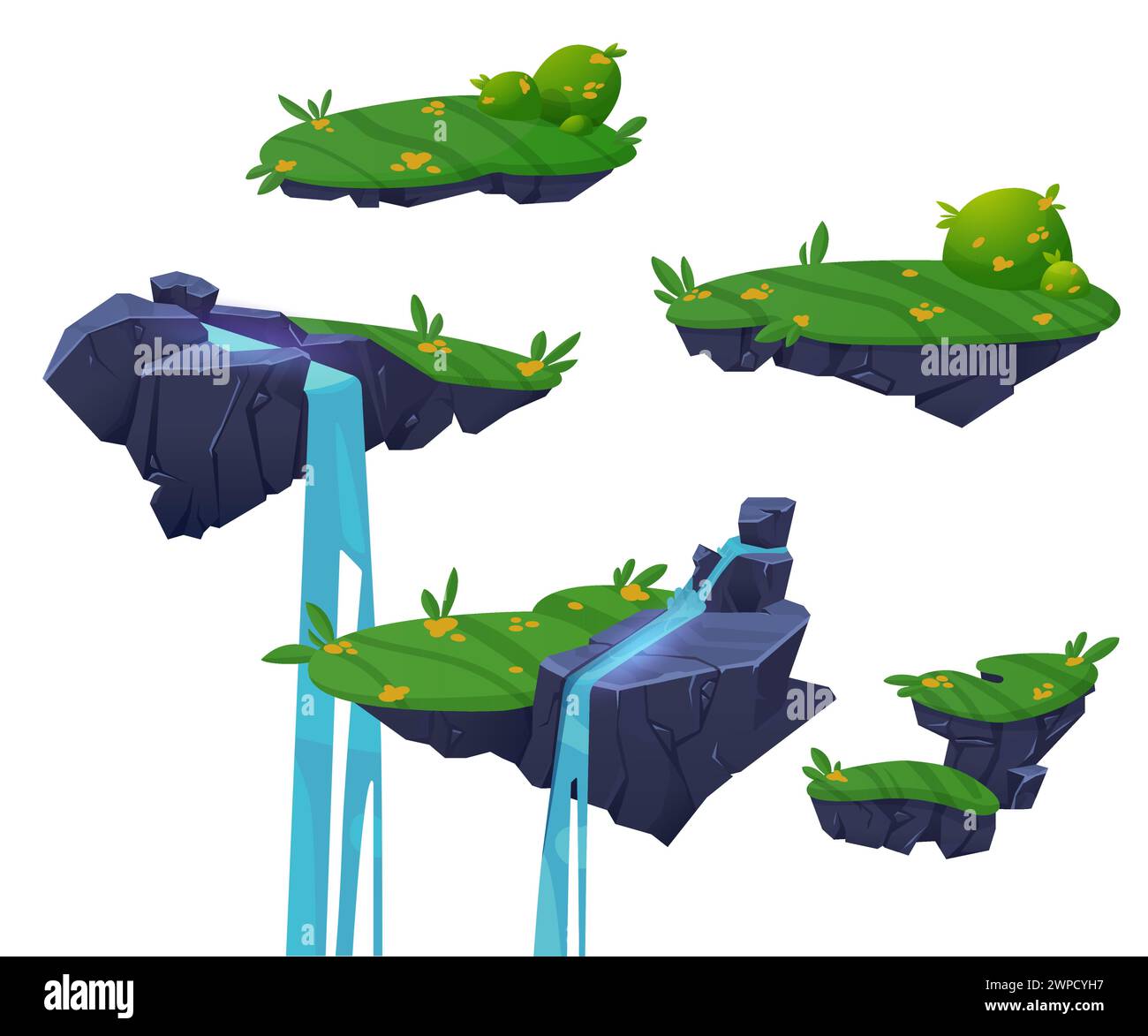 Game ui level map floating rocky land islands for jump with green grass, flowers and waterfall. Cartoon vector illustration of fantasy flying stone platform with water stream. Videogame ground bits. Stock Vector