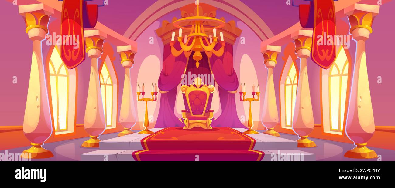 Castle hall room with golden king throne on pedestal with stairs, red carpet and wall curtain decoration, hanging flags and stone columns, chandelier on ceiling, large windows and candles in holder. Stock Vector