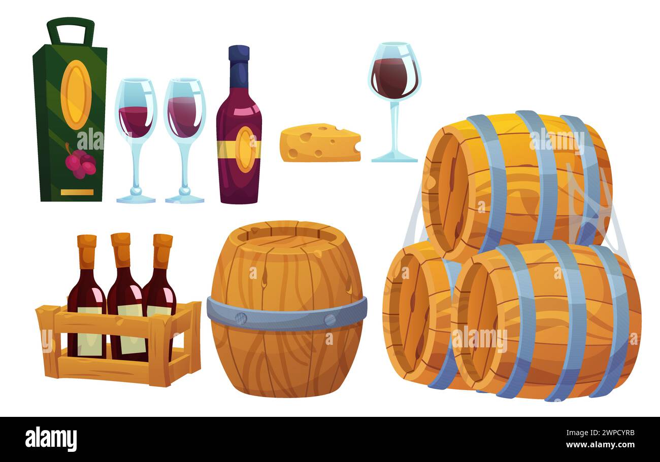 Wine storage and drinking. Cartoon vector illustration set of grape alcohol drink elements - aged wooden oak barrels and box, bottles and glasses with red wine, cheese Stock Vector
