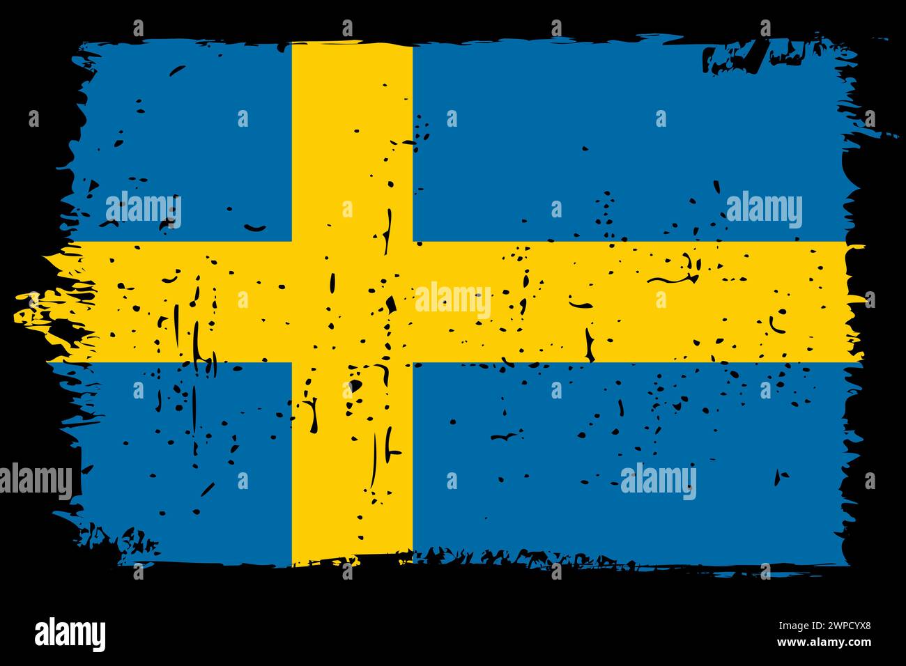 Sweden flag - vector flag with stylish scratch effect and black grunge frame. Stock Vector