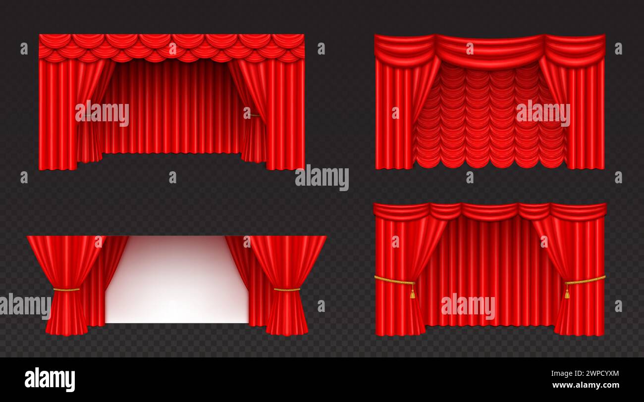 Theatre or cinema stage red curtain with folds. Realistic vector illustration set of close and open opera stage cloth drape for presentation and show concept. Theatrical fabric drapery with creases. Stock Vector
