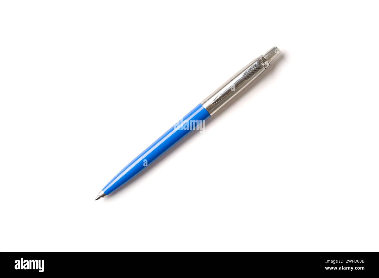 Blue plastic and metal ballpoint pen on white isolated background Stock Photo