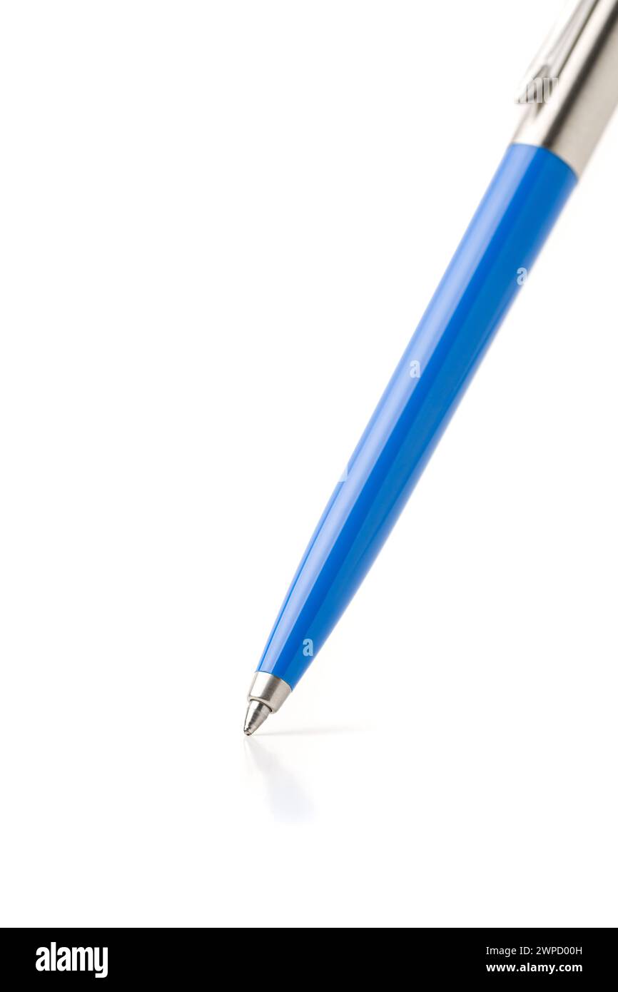 Blue plastic and metal ballpoint pen on white isolated background Stock ...