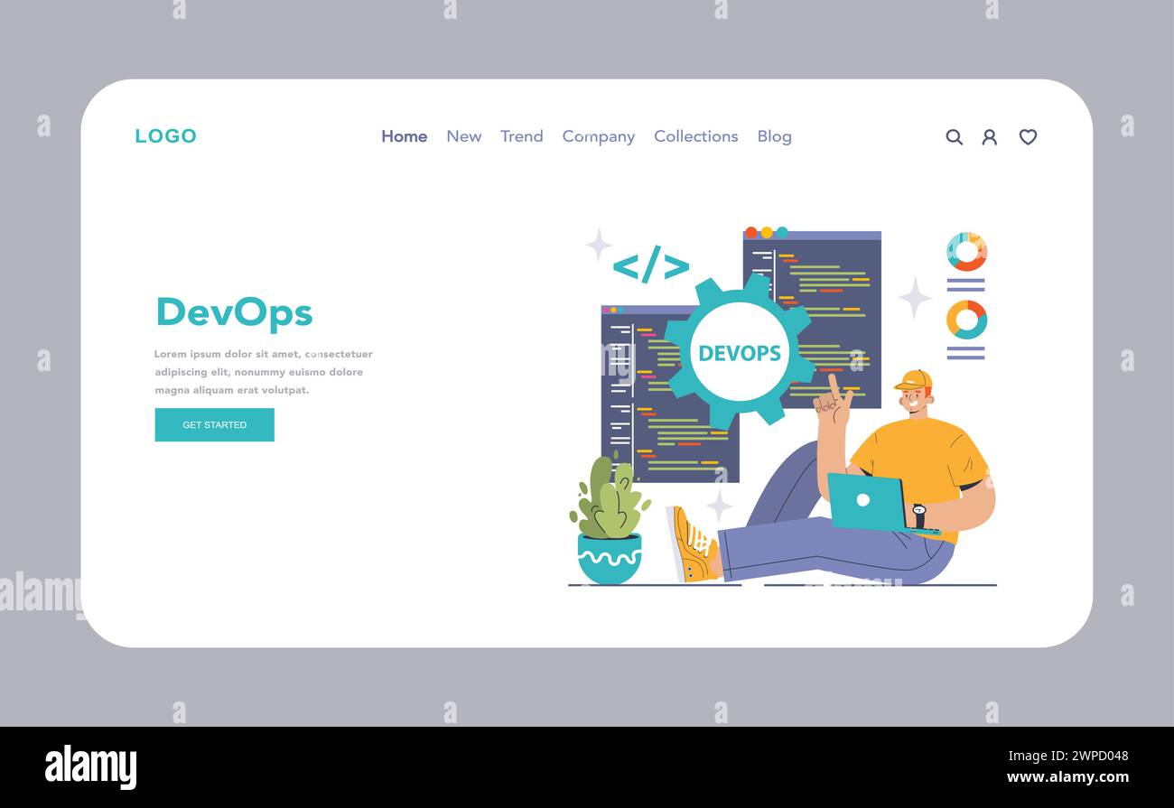 DevOps web banner or landing page. Software development methodology. Software development and it operations life cycle, IT service integration and automation. Flat vector illustration Stock Vector