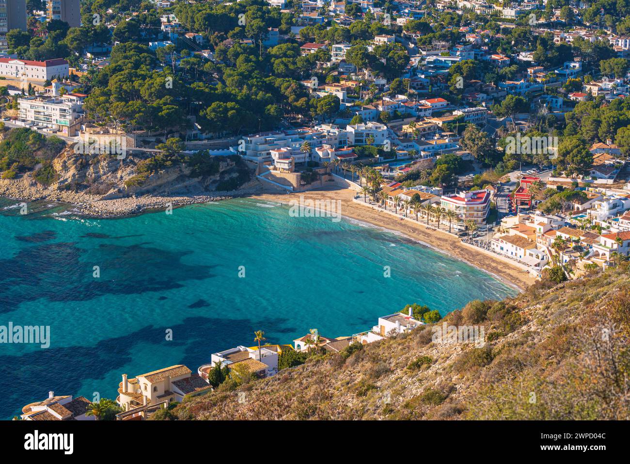 High angle view of a beach with turquoise water, Cala el Portet in Costa Blanca, Spain Stock Photo