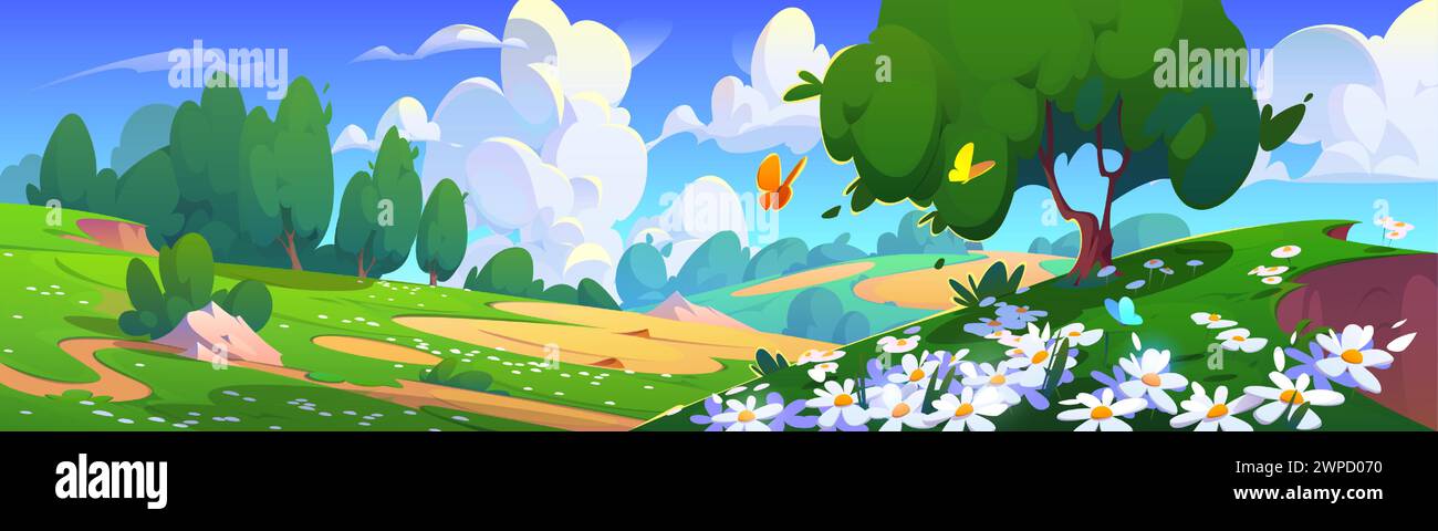 Summer valley landscape with flowers. Vector cartoon illustration of beautiful spring sunny scenery, butterflies flying above green grass on hills, trees and bushes, fluffy white clouds in blue sky Stock Vector