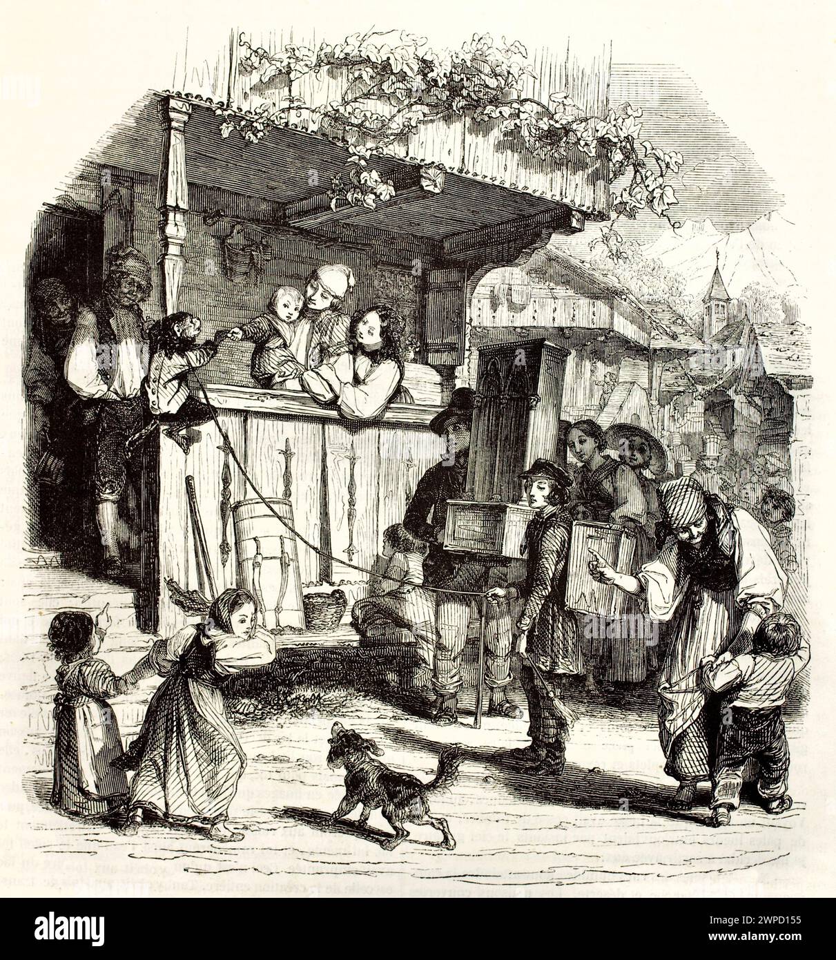 Old engraved illustration of a little monkey as children attraction in a village. By Girardet and Godard, published on Magasin Pittoresque, Paris, 185 Stock Photo