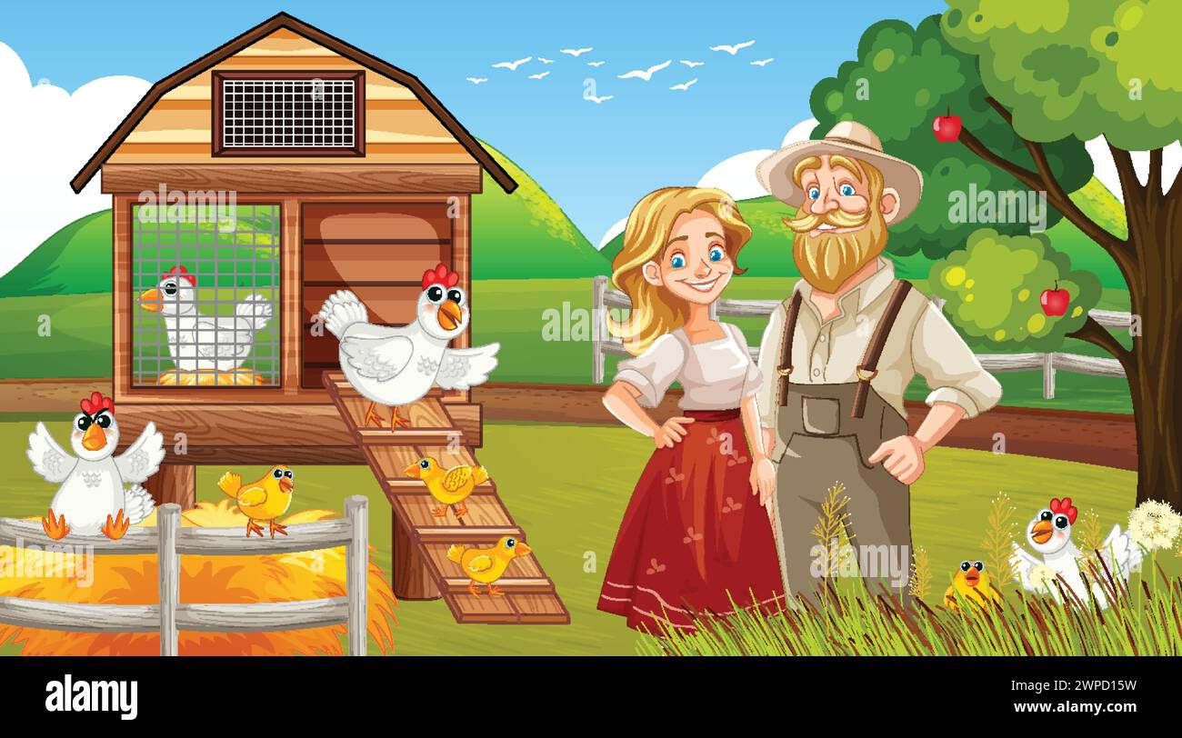 Illustration of farmers and chickens in a rural setting Stock Vector ...