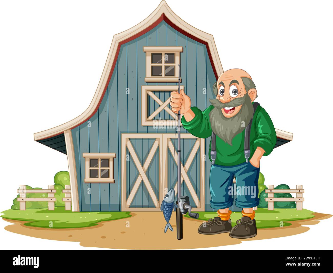 Cheerful old man with fish by a barn. Stock Vector